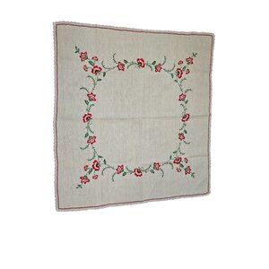 Vintage Hand-Embroidered‎ Small Linen Tablecloth With Floral Design & Lace Trim